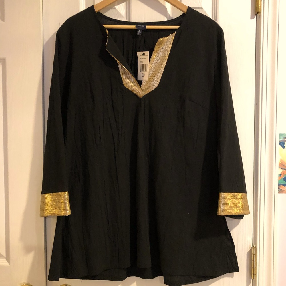 New, never worn Saks Fifth Avenue black tunic with gold sequins.  Tag attached!